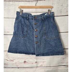 Vintage Womens Skirt Size Large Blue Denim A-Line Button Up Utility Pockets